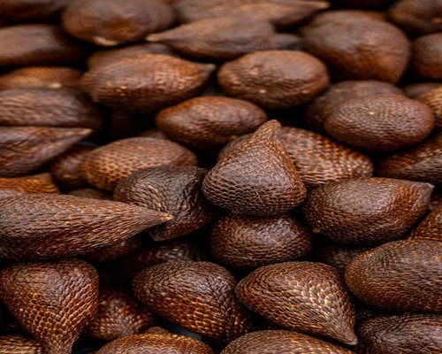 Brown scaly snake fruit known as salak on a wooden table